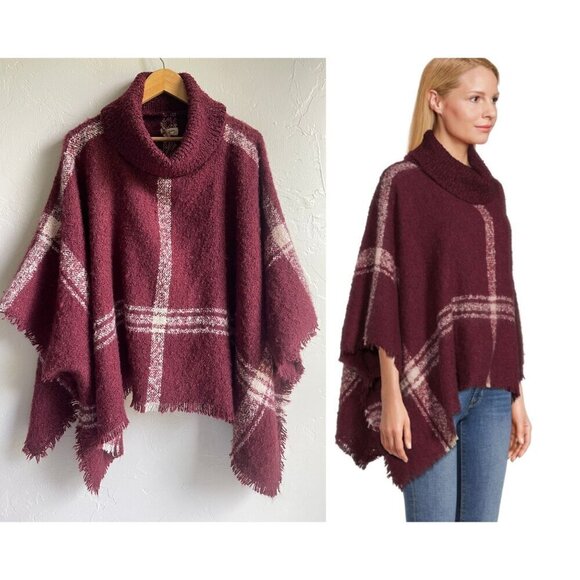 New! World Market Knit Turtleneck Poncho Red Cream Fringed One Size Cozy Soft - Picture 1 of 7